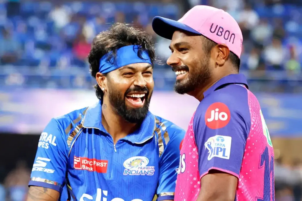 Skipper Pandya of Mumbai Indians and Samson of Rajasthan Royals are all smiles.