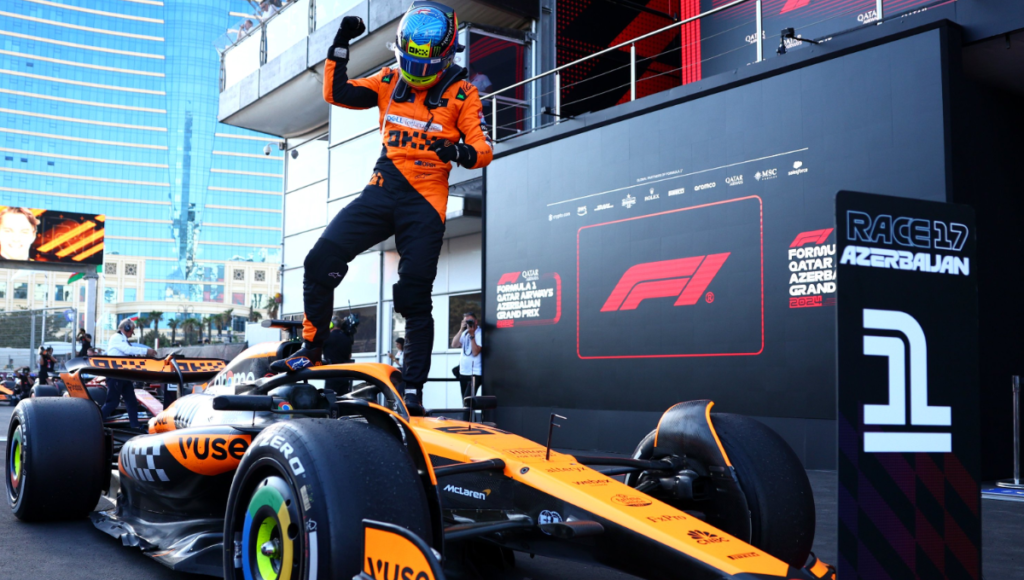 Oscar Piastri celebrating his win at the Azerbaijan Grand Prix 2024