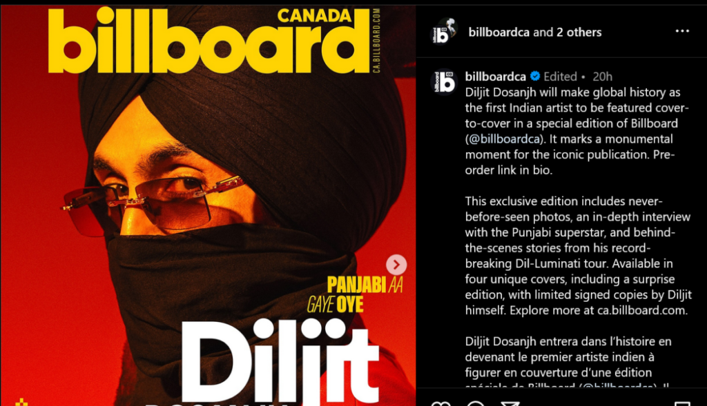 Diljit Dosanjh will grace the cover of Billboard Canada 