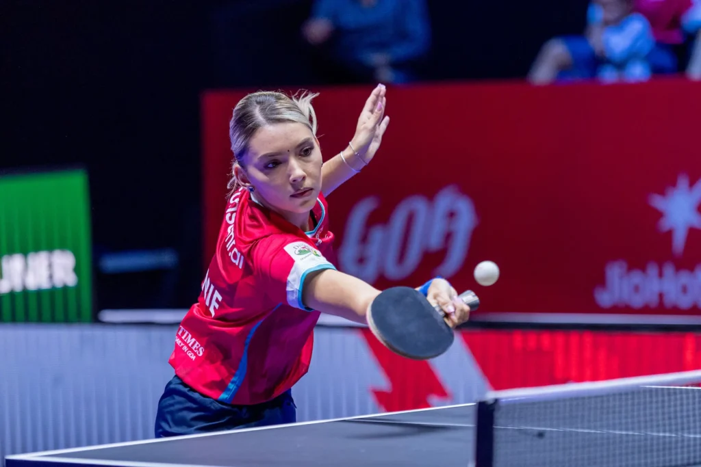 Bernadette Szocs of Dempo Goa Challengers in action against U Mumba TT in Butterfly UTT Season 7.