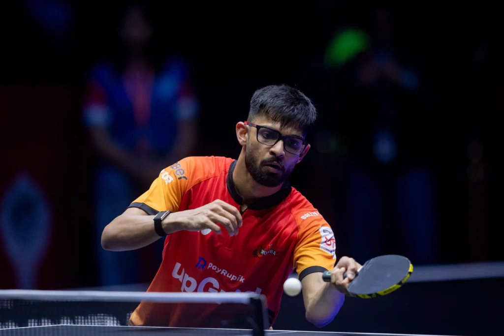 Manush Shah of U Mumba TT plays against Dempo Goa Challengers in Butterfly UTT Season 7.
