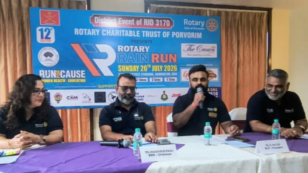 Organisers speak at a press conference announcing the Rotary Rain Run Marathon Goa 2026 in Panaji.