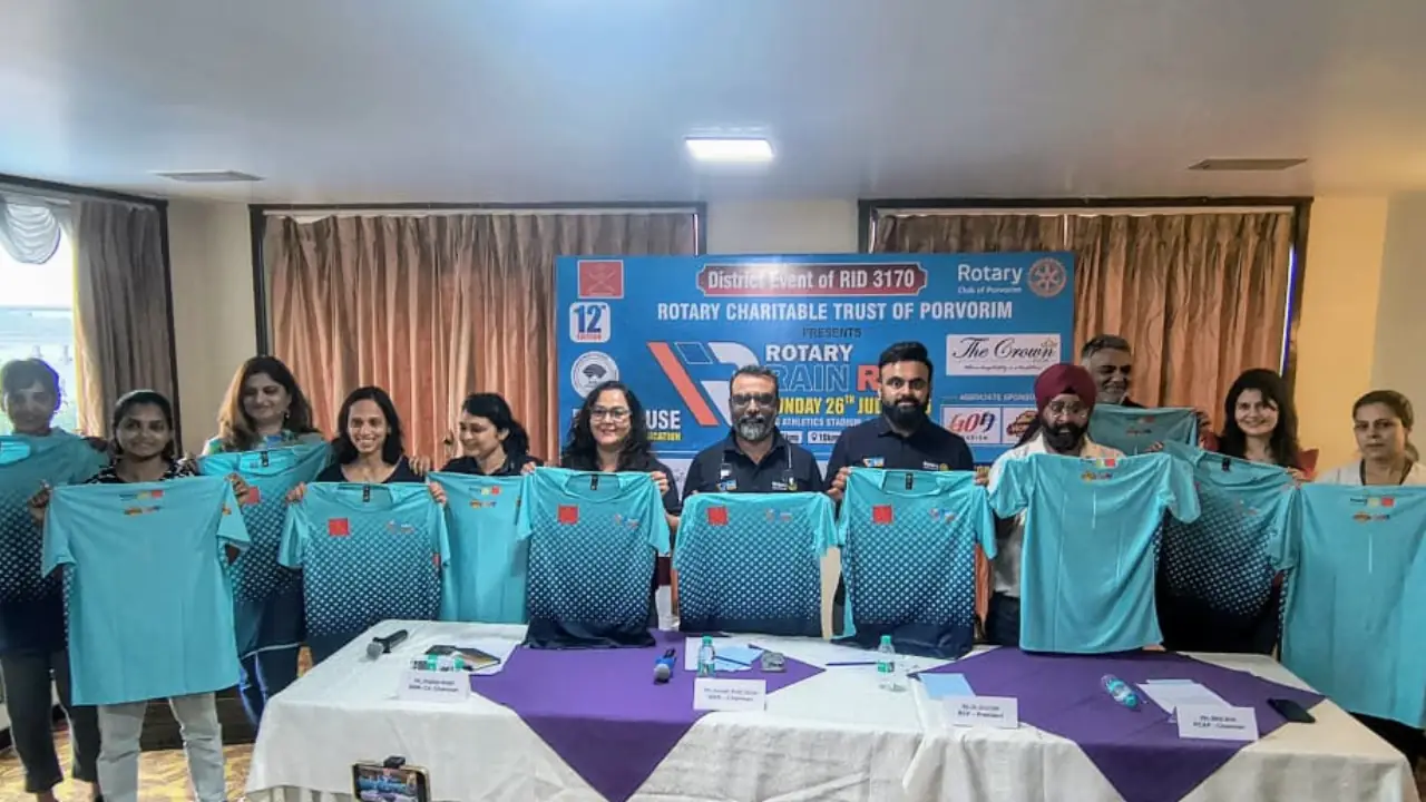 Members of the all-women pacers team hold the official race jerseys unveiled for the Rotary Rain Run Marathon Goa 2026 ahead of the July 26 event in Bambolim.