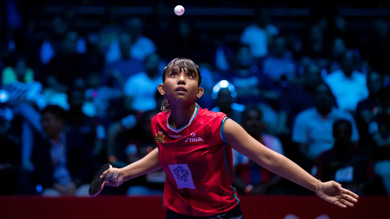 Syndrela Das of Dempo Goa Challengers during her upset win over Manika Batra in UTT Season 7.
