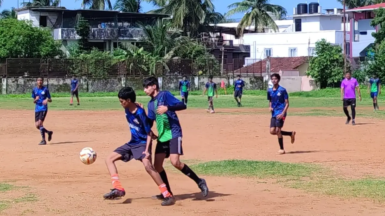 Deepvihar High School and Mt. Litera Zee School players compete for possession during the Mormugao Cluster 11 Subroto Mukherjee Under-17 football tournament at Rose Circle Ground, Sada.