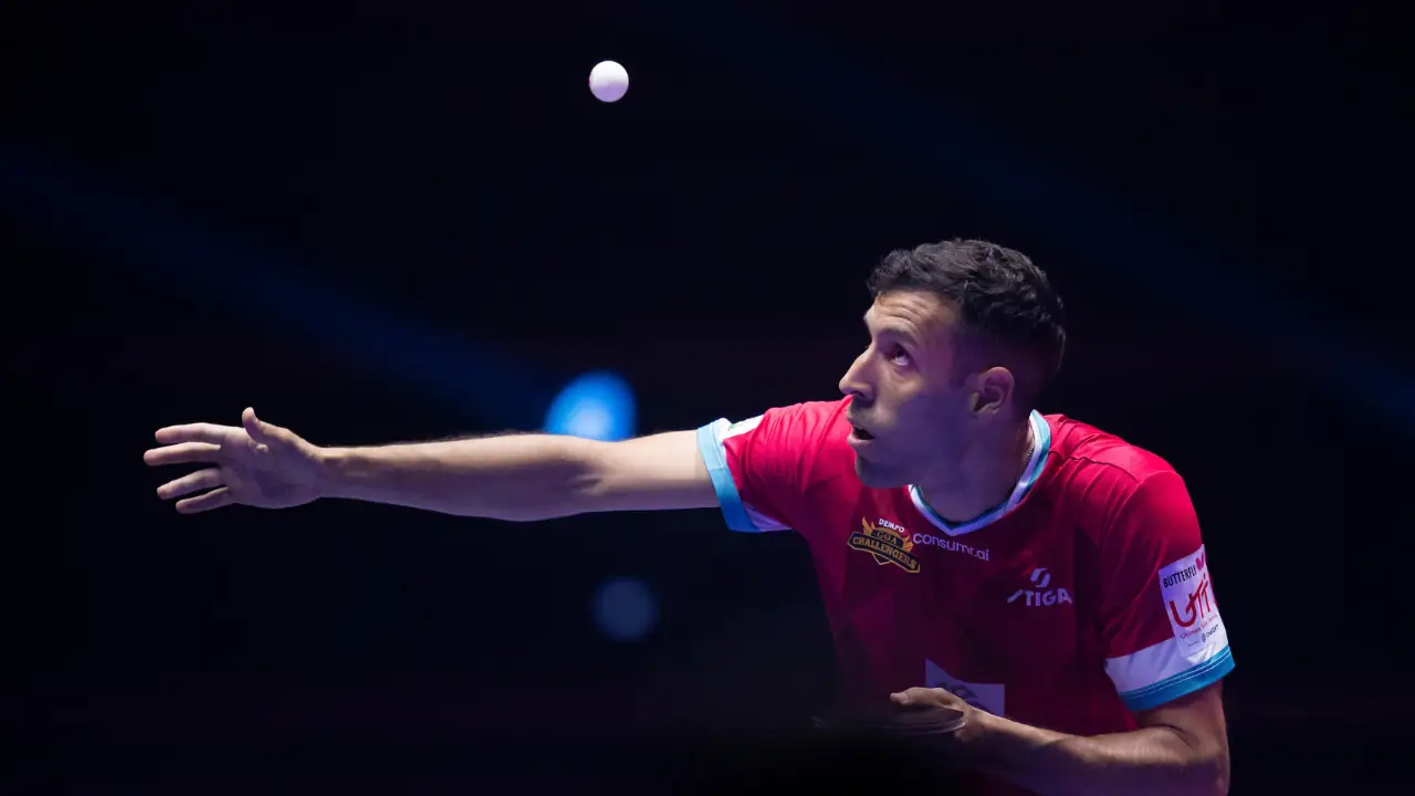 Alvaro Robles of Dempo Goa Challengers prepares to serve against HVR Kolkata ThunderBlades during UTT Season 7.