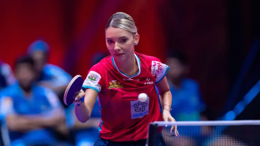 Bernadette Szocs of Dempo Goa Challengers returns the ball during the deciding match against HVR Kolkata ThunderBlades in UTT Season 7.