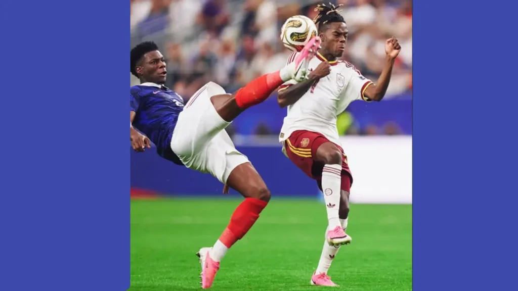 A France player and a Spain player challenge for the ball during the Spain vs France FIFA World Cup 2026 semi-final in Arlington.