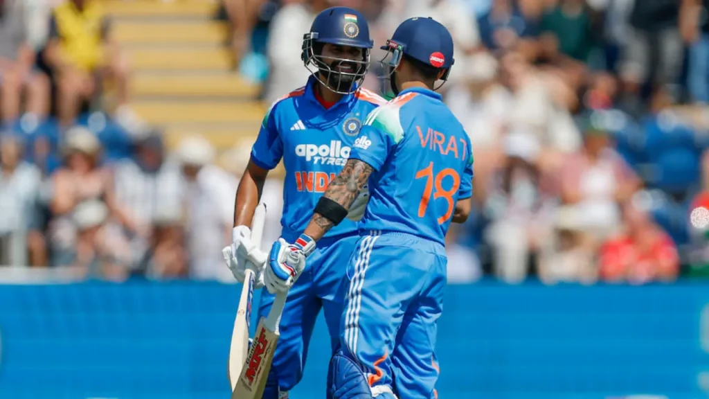 India batters Shreyas Iyer and Virat Kohli celebrate a partnership during the second ODI against England at Sophia Gardens, Cardiff, on July 16, 2026.