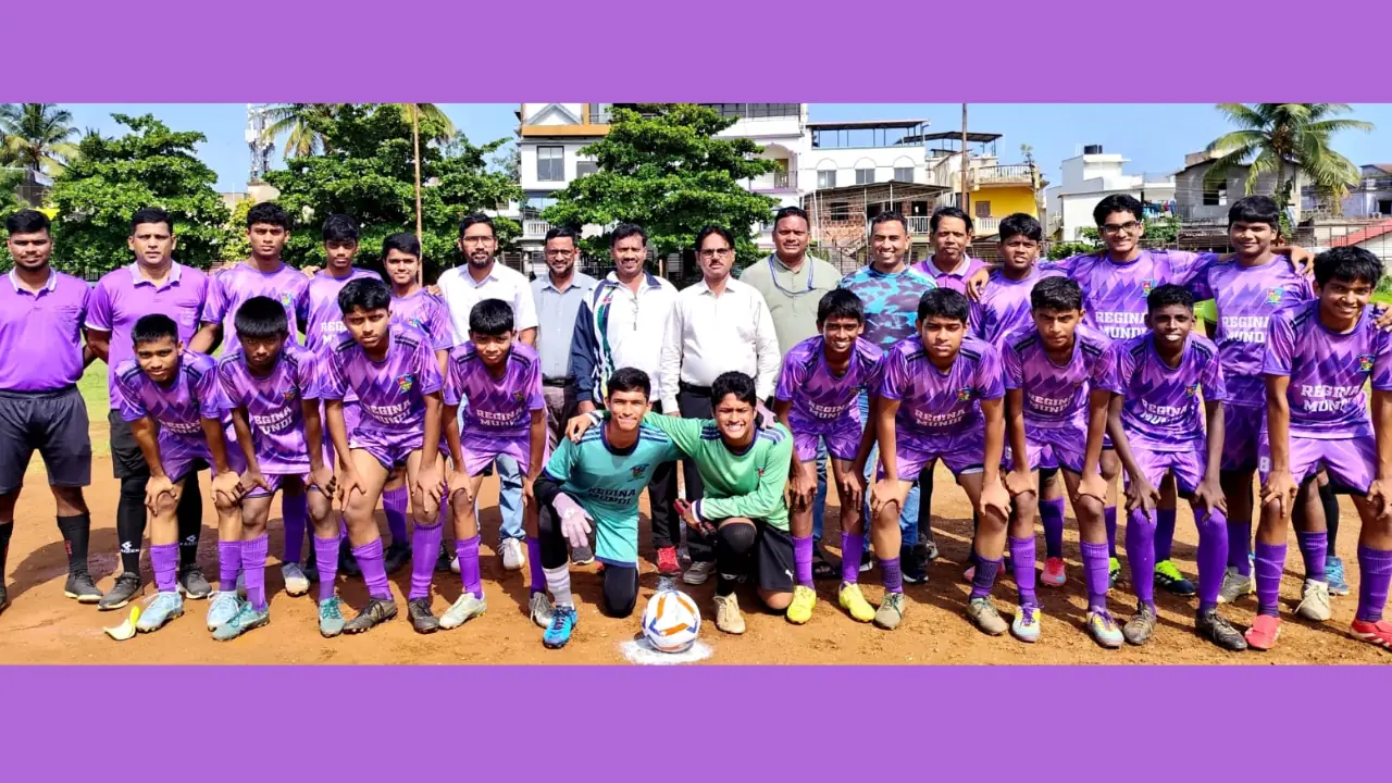 Regina Mundi Higher Secondary School Under-17 football team with coaches and officials after winning the Mormugao Cluster 11 Subroto Mukherjee Football Tournament 2026-27 at Rose Circle Ground, Sada.