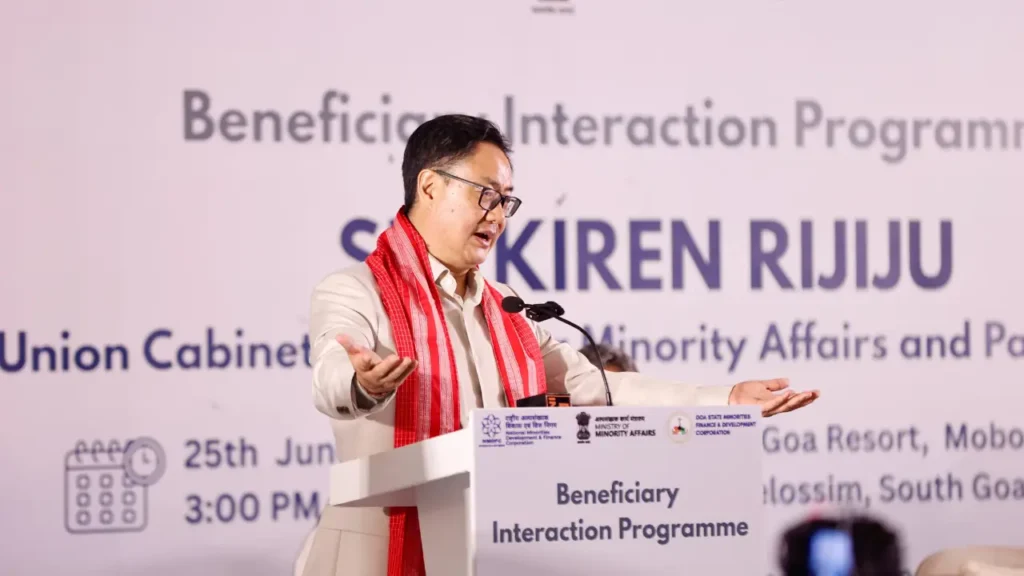 Union Minority Affairs Minister Kiren Rijiju speaks at a beneficiary interaction programme in South Goa on minority welfare schemes and utilisation of central funds.