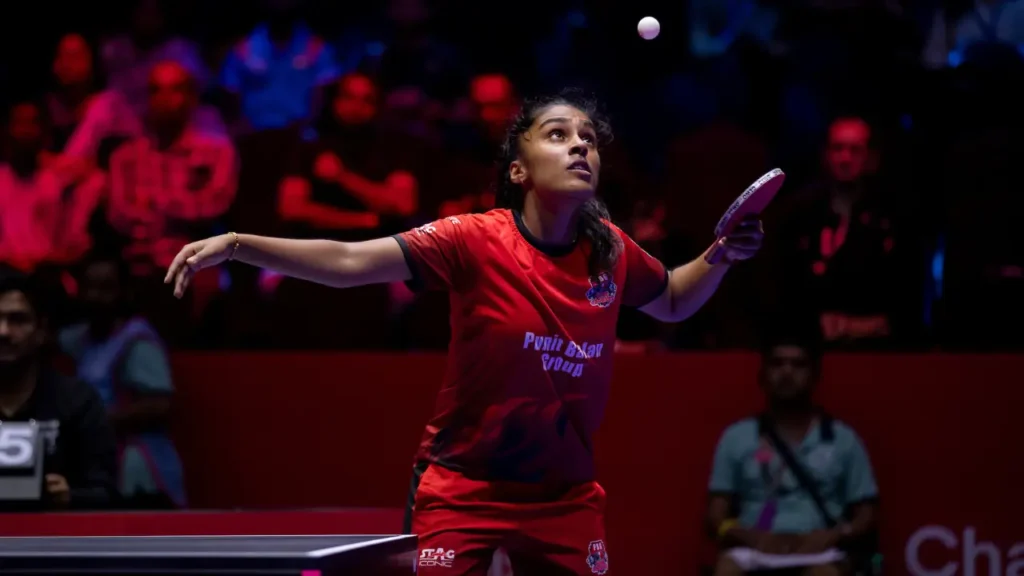 Prithika Pavade of PBG Pune Jaguars prepares to serve during a UTT Season 7 match against U Mumba TT.