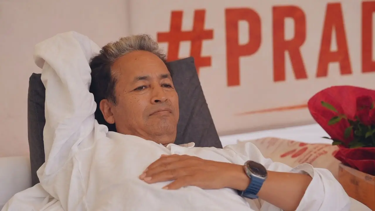 Climate activist Sonam Wangchuk rests during his 20-day hunger strike at Jantar Mantar in New Delhi before being shifted to hospital after his health deteriorated.