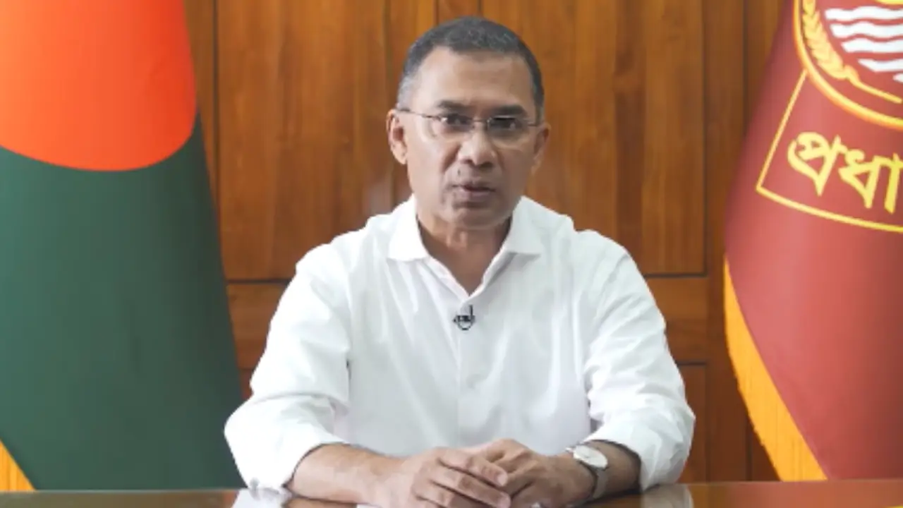 Bangladesh Prime Minister Tarique Rahman speaking during a televised address from his office.