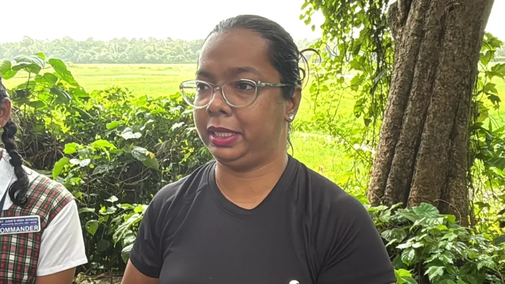 Stacia Luis speaks beside a paddy field during St Jude’s High School Betalbatim’s Van Mahotsav plantation activity at Binvaddo.