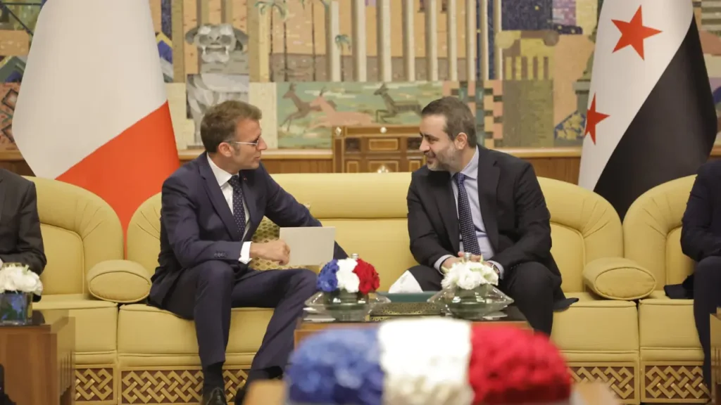 French President Emmanuel Macron and Syrian President Ahmed al-Sharaa meet in Damascus during Macron’s official visit to Syria.