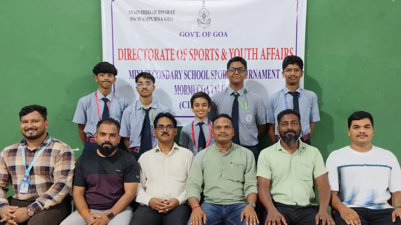 Bharatiya Vidya Bhavan’s Narayan Bandekar School team after winning the Mormugao U-17 boys chess tournament at Chicalim Sports Complex.