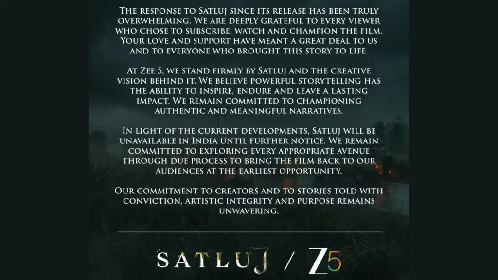 Zee5 statement announcing that Honey Trehan’s film Satluj is unavailable in India until further notice.