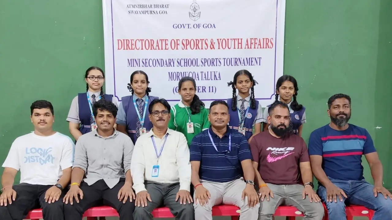 Vidya Vihar High School players with officials after winning the Mormugao Cluster 11 Under-17 girls chess tournament at Chicalim Sports Complex.