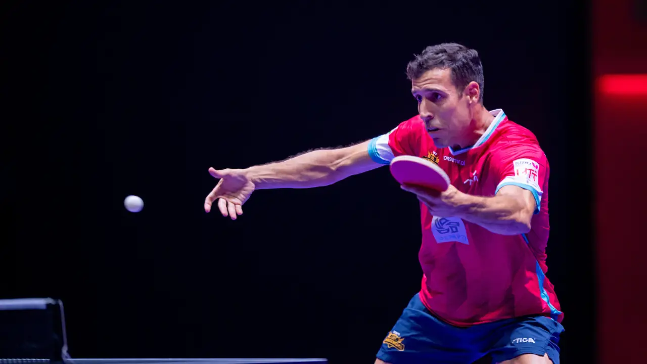 Alvaro Robles of Dempo Goa Challengers plays a forehand during the Butterfly UTT Season 7 semi-final against Dabang Delhi TTC.