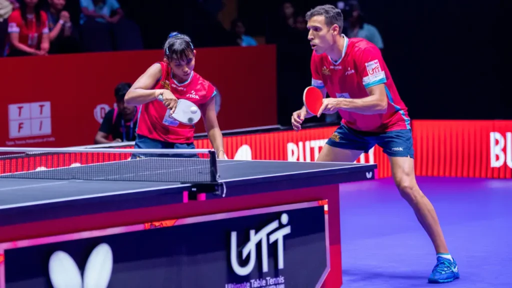 Alvaro Robles and Syndrela Das of Dempo Goa Challengers compete in the mixed doubles match against Dabang Delhi TTC during the Butterfly UTT Season 7 semi-final.