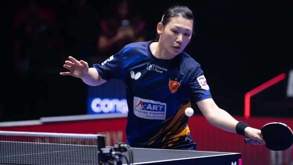 Maria Xiao of Dabang Delhi TTC returns a shot during the Butterfly UTT Season 7 semi-final against Dempo Goa Challengers.