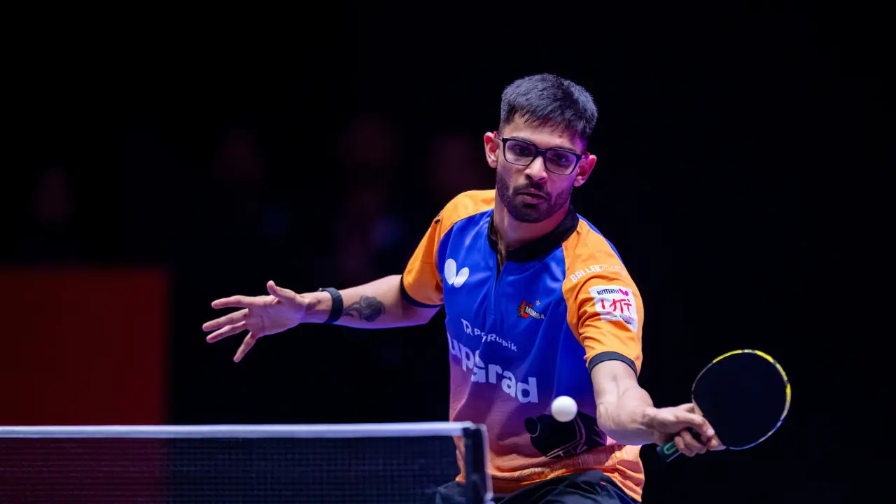 U Mumba TT captain Manush Shah plays a forehand return during the U Mumba TT vs HVR Kolkata ThunderBlades Butterfly UTT Season 7 semifinal in Goa.