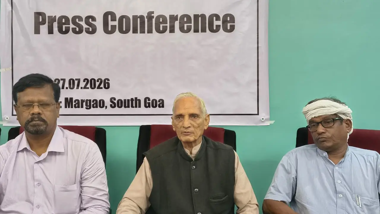 National President Vishwanath Tirkey (left), National Co-ordinator Ashok Chaudhary (centre) and Goa representative Govind Shirodkar (right) address a press conference of Adivasi Samanvay Manch Bharat in Margao, South Goa, on July 27, 2026.