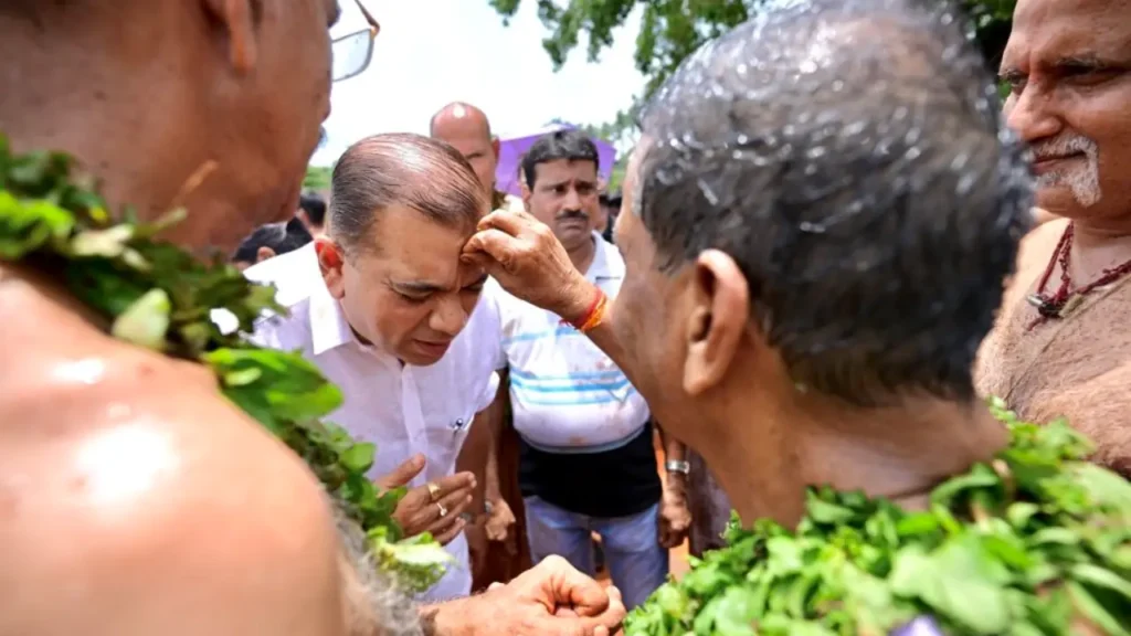 Goa Tourism Minister Rohan Khaunte is welcomed during the Chikhal Kalo festival at Marcel, Goa.